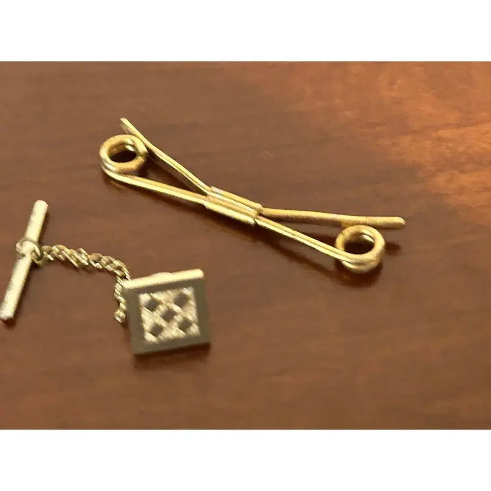 Vintage Gold Tone Tie Clasps Lot of 2 Classic Men's Necktie Bar Clip & Chain